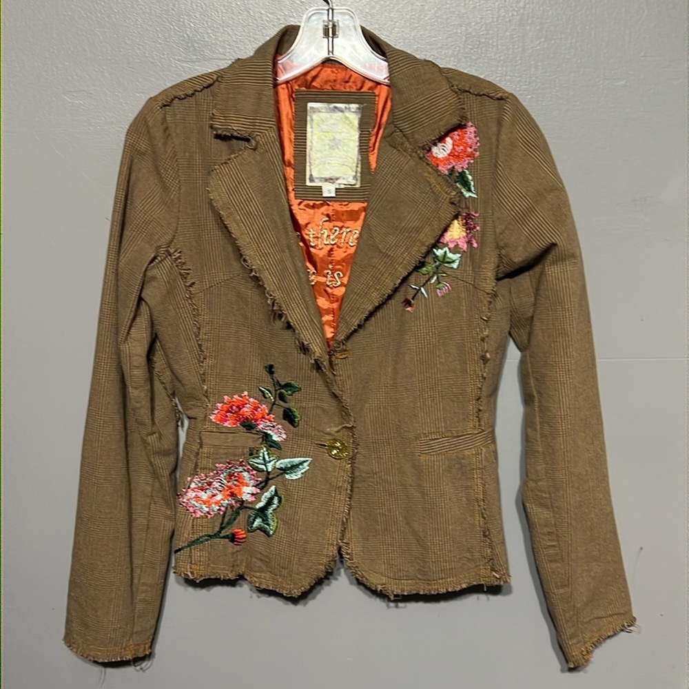 Paparazzi Boho Floral Embroidered Jacket Sz 2 Tan Multi Fringe Vintage Inspired